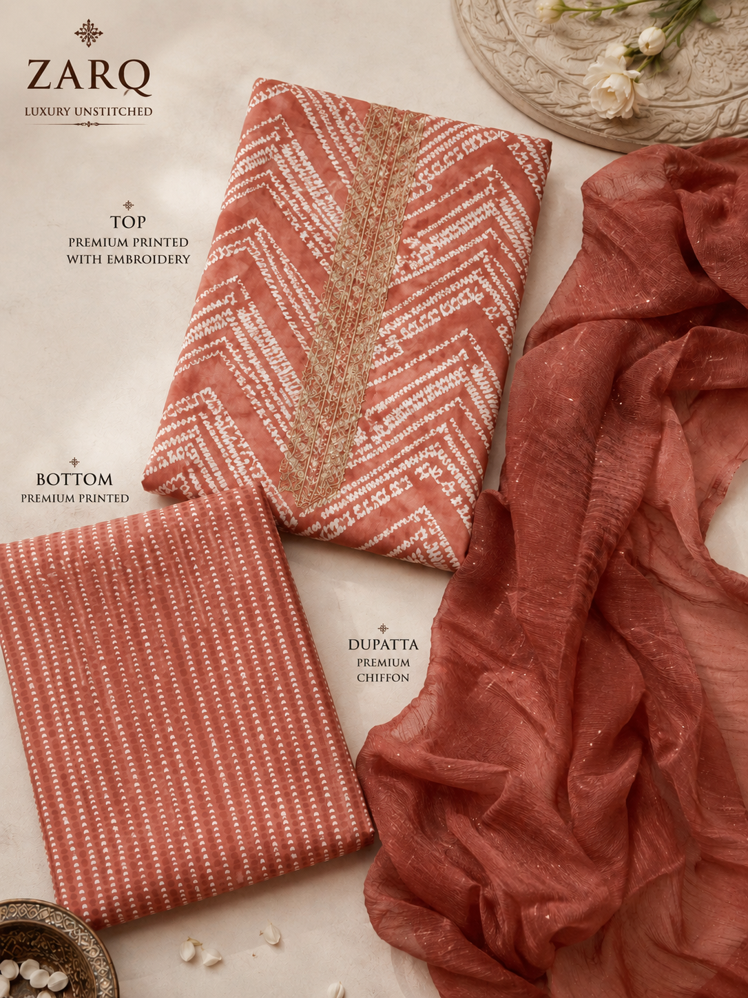 Rust Elegance Slub Cotton Unstitched Suit Set with Embroidered Neckline & Chiffon Dupatta